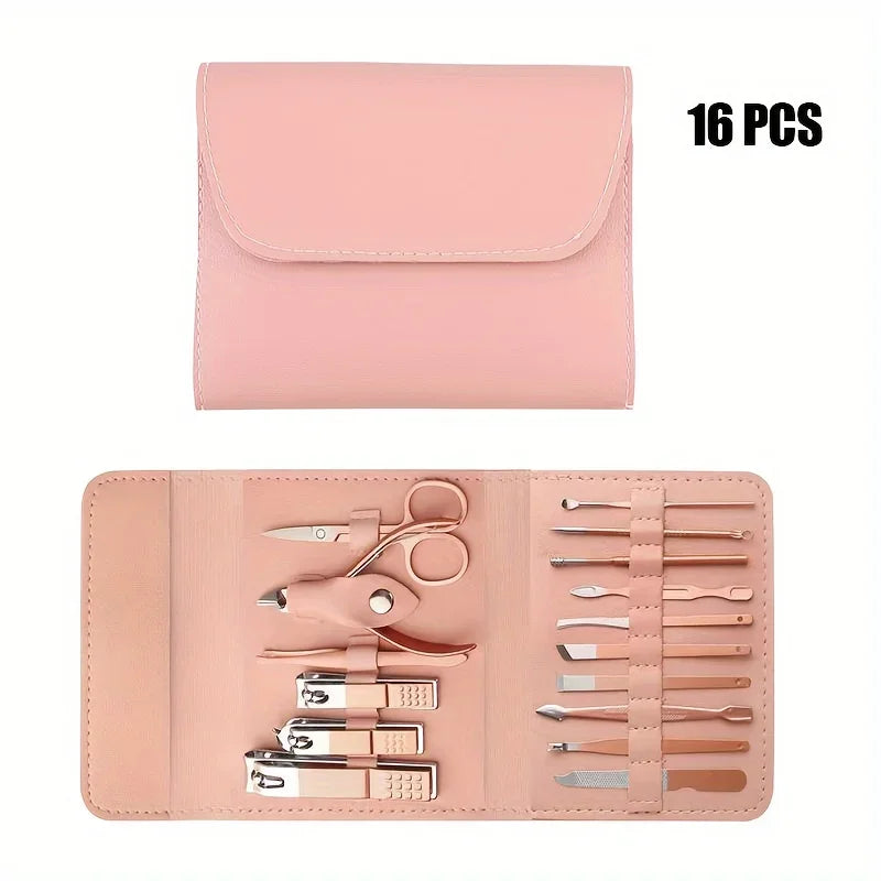 Kit Manicura y Pedicura Profesional 16 Piezas – Cortaúñas y Cutículas con Estuche de Viaje