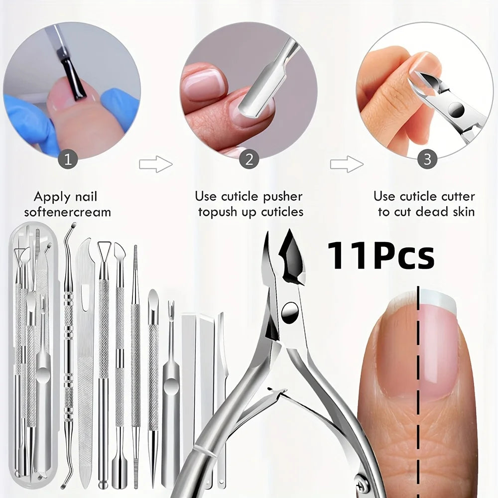 Kit Manicura Profesional 11 Piezas – Acero Inoxidable para Uñas y Cutículas (Beige)